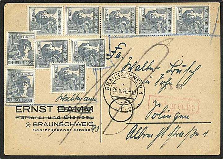 12 pfg. (10) på West-zone Zehn-fach frankeret brevkort fra Braunschweig d. 26.6.1948 til Solingen. Frankering markeret ugyldig og udtakseret i 18 pfg. porto.
