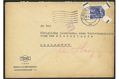 30 pfg. Bygning single på brev fra Berlin-Schöneberg d. 28.4.1950 til Amsterdam, Holland - eftersendt til Haag.