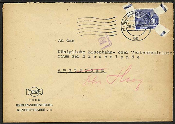 30 pfg. Bygning single på brev fra Berlin-Schöneberg d. 28.4.1950 til Amsterdam, Holland - eftersendt til Haag.