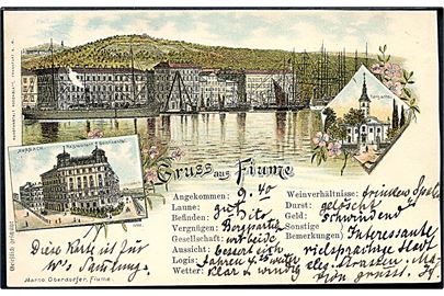 Fiume, Gruss aus med havn, restaurant Continental og Tersatto. M. Oberdorfer u/no. Anvendt 1896.