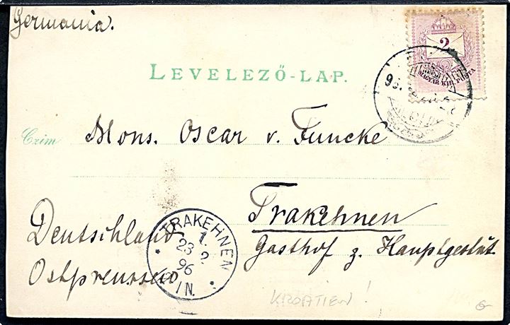 Fiume, Gruss aus med havn, restaurant Continental og Tersatto. M. Oberdorfer u/no. Anvendt 1896.