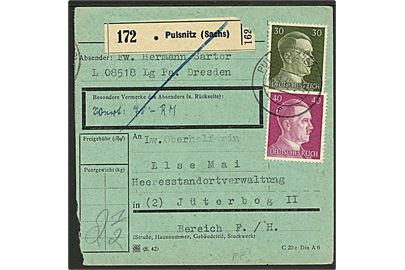 30 pfg. og 40 pfg. Hitler på adressekort for pakke fra Pulsnitz d. 10.1.1945 til militæradresse i Jüterbog. Sendt fra soldat ved feldpost nr. L 08518 Lg.Pa.Dresden = Luftnachrichten-Funk-Überw. Kompanie z.b.V. 2