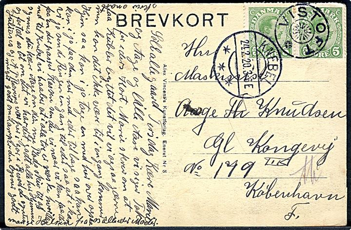 5 øre Chr. X i parstykke på brevkort annulleret med stjernestempel VISTOFT og sidestemplet Knebel d. 24.2.1920 til København.