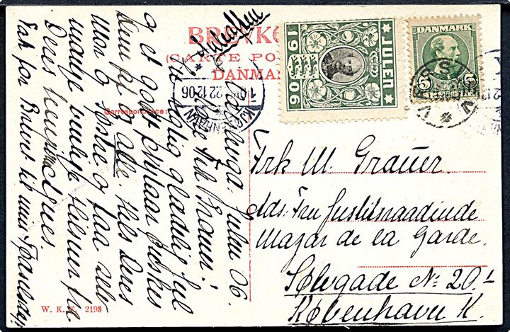 5 øre Chr. IX og Julemærke 1906 på brevkort (Asnæs Skov) annulleret med stjernestempel VÆRSLEV til København. Ank.stemplet Kjøbenhavn d. 22.12.1906