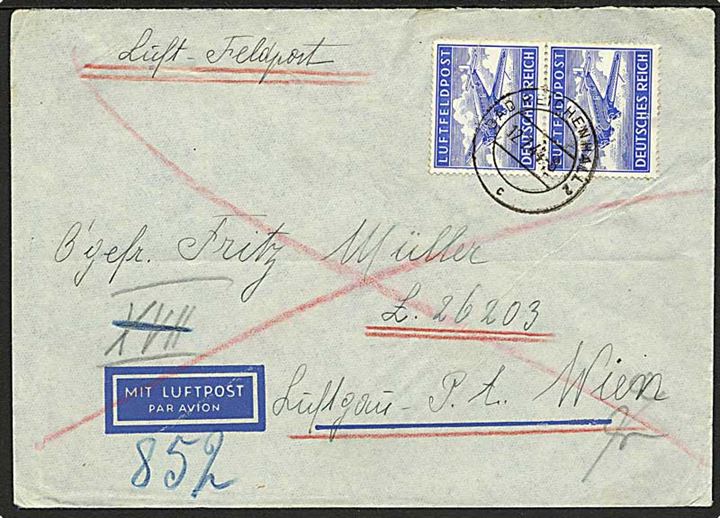 To stk. Luftfeldpost-mærke på Luft-feldpost brev fra Bad Reichenhall d. 12.7.1944 til soldat ved feldpost L 26203 Luftgau P.A. Wien = 5. Kompanie Luftgau-Nachrichten-Regiment 30 stationeret i Jugoslavien.