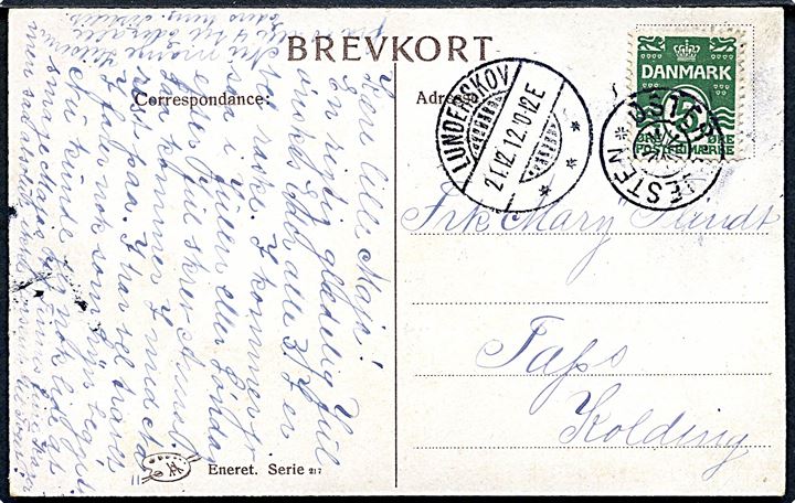 5 øre Bølgelinie på brevkort (Nisse i automobil) annulleret med stjernestempel ØSTER-GJESTEN og sidestempel Lunderskov d. 21.12.1912 til Taps pr. Kolding. 