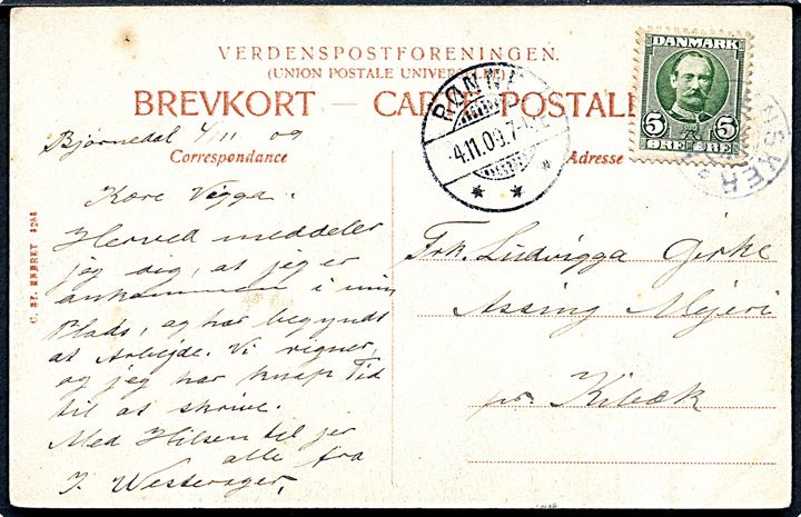 5 øre Fr. VIII på brevkort annulleret med stjernestempel KLEMENSKER og sidestemplet Rønne d. 4.11.1909 til Kibæk.