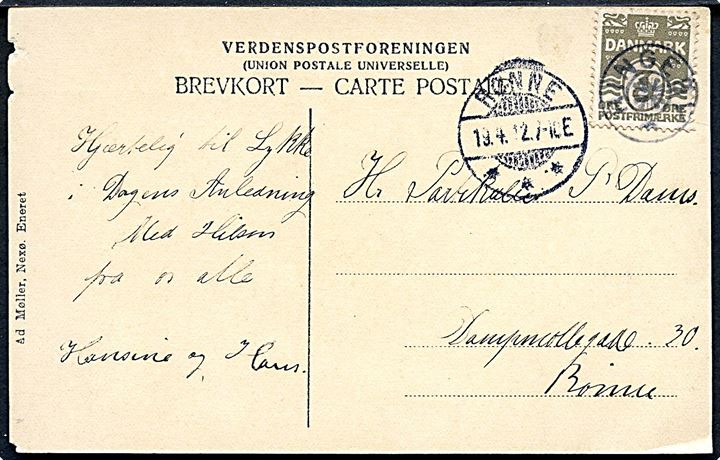 3 øre Bølgelinie på lokalt brevkort annulleret med stjernestempel RINGEBY og sidestemplet Rønne d. 19.4.1912 til Rønne.