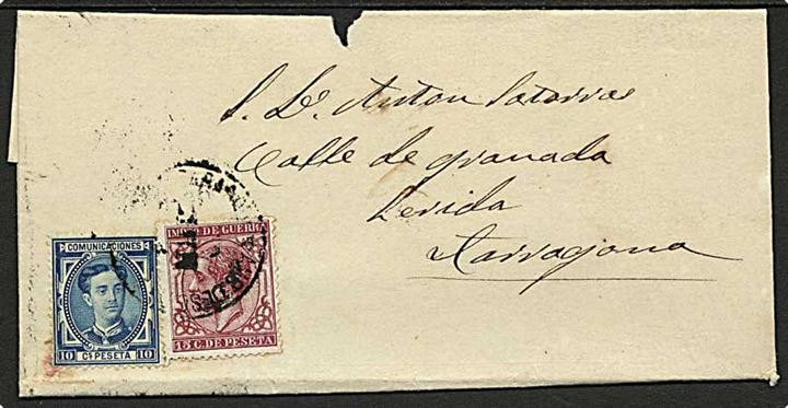 10 c. Alfons XII og 15 c. Krigsskat på brevomslag ca. 1878 til Tarragona.