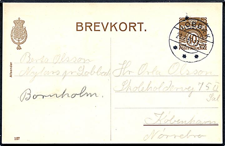 10 øre helsagsbrevkort (fabr. 127) annulleret med brotype IIc Lobbæk d. 21.7.1938 til København.