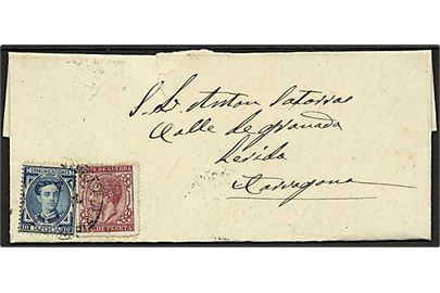 10 c. Alfons XII og 15 c. Krigsskat på brevomslag ca. 1878 til Tarragona.