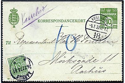 10 øre helsagskorrespondancekort fra København d. 5.7.1927 til Aarhus. Påskrevet Kassebrev og udtakseret i porto med 10 øre Portomærke stemplet AArhus d. 6.7.1927.