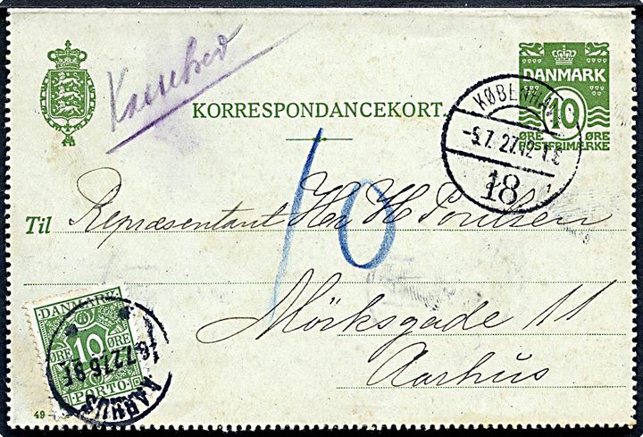 10 øre helsagskorrespondancekort fra København d. 5.7.1927 til Aarhus. Påskrevet Kassebrev og udtakseret i porto med 10 øre Portomærke stemplet AArhus d. 6.7.1927.