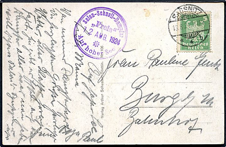 5 pfg. Adler på brevkort (Salonschnelldampfer Freia) annulleret Sassnitz d. 13.8.1924 og sidestemplet Salon-Schnell-Dampfer Freia Auf hoher See d. 12.8.1924 til Burg.