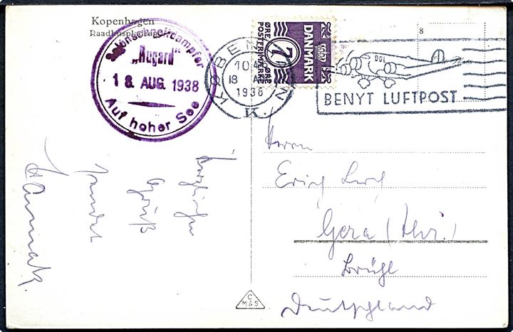 7 øre Bølgelinie på brevkort fra København d. 148.8.1938 og sidestemplet Salonschnelldampfer Rugard Auf hoher See d. 18.8.1938 til Grea, Tyskland.