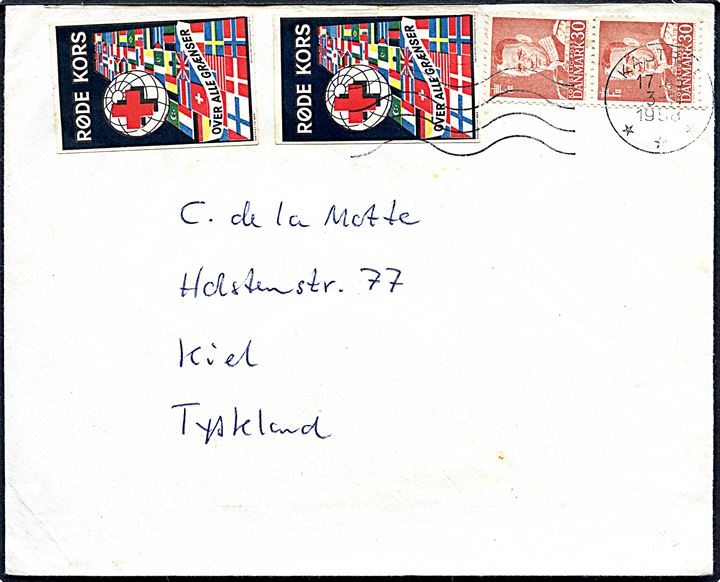 30 øre Fr. IX i parstykke og Røde Kors over alle Grænser mærket (2) på brev fra Kastrup d. 3,11,1958 til Kiel, Tyskland.