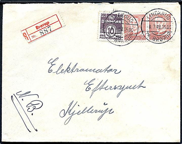 10 øre Bølgelinie og 20 øre Fr. IX i parstykke på anbefalet brev annulleret med pr.-stempel Lindknud pr. Brørup d. 8.7.19449 til Kjellerup.