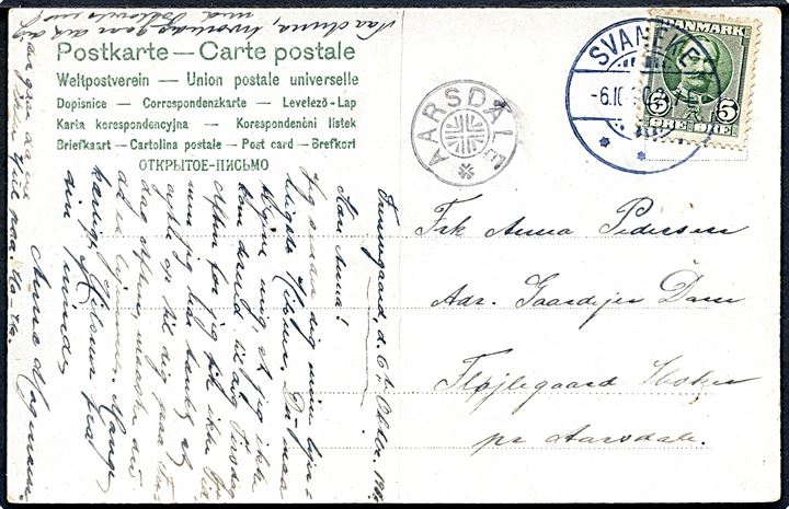 5 øre Fr. VIII på brevkort stemplet Svaneke d. 6.10.1910 til Ibsker pr. Aarsdale. Ank.stemplet med stjernestempel AARSDALE.