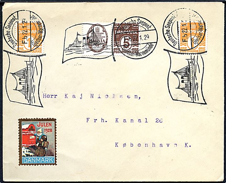 1 øre Bølgelinie (2) og Hafnia+5 øre Bølgelinie reklamesammentryk på brev annulleret med stibsstempel Deutsche Seepost Gjedser - Warnemünde F.b. d. 22.1.1929 til København.