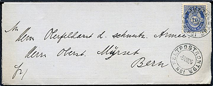 20 øre Posthorn på foldebrev annulleret Feldpostkontor No. 1 d. 5.8.1906 til Bern, Schweiz.