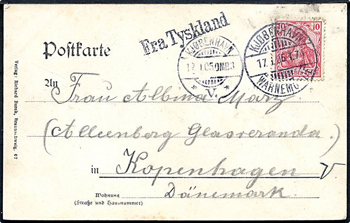 Tysk 10 pfg. Germania på brevkort (Postfährschiff Friedrich Franz IV) annulleret med dansk bureaustempel Kjøbenhavn - Warnemünde T.70 d. 17.1.1905 og sidestemplet Fra Tyskland til København, Danmark.