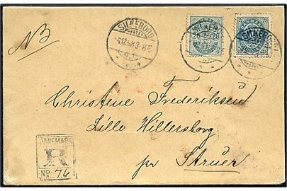 4 øre Tofarvet og 20 øre Våben på 24 øre frankeret anbefalet brev fra Silkeborg d. 4.12.1898 til Struer. Laksegl på bagsiden bortklippet.
