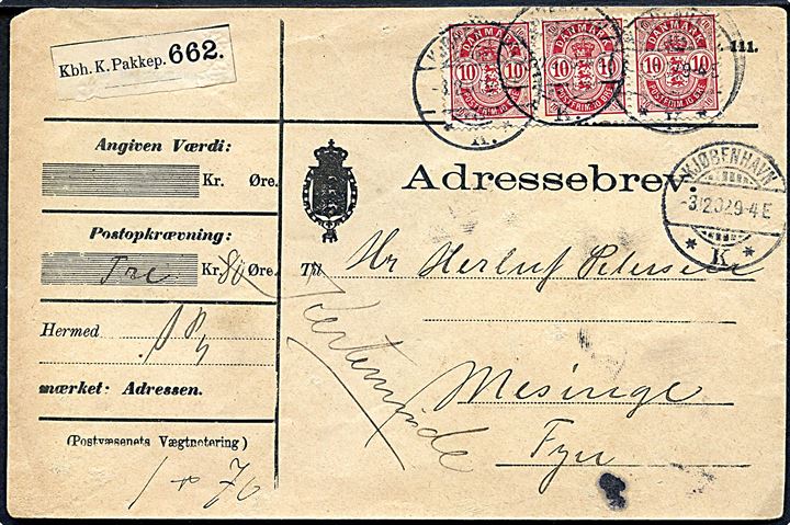 10 øre Våben i 3-stribe på adressebrev for pakke med opkrævning fra Kjøbenhavn d. 3.12.1902 til Mesinge pr. Kjerteminde.