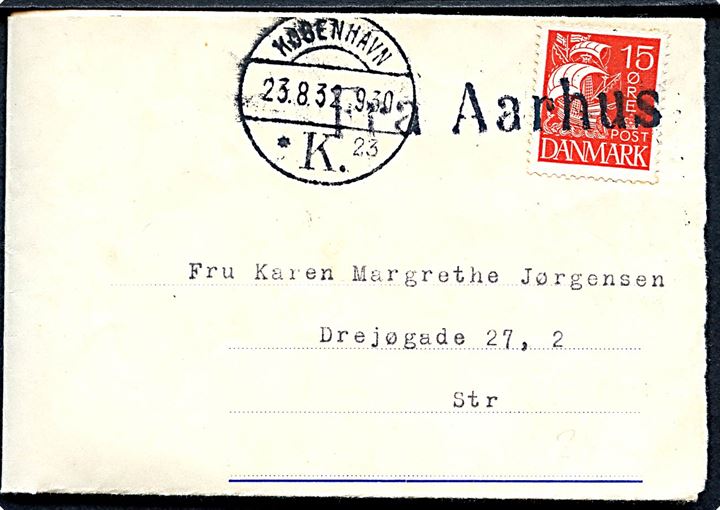 15 øre Karavel på DFDS Radiobrev annulleret med skibsstempel Fra Aarhus og sidestemplet København d. 23.8.1932 til København. Meddelelse fra S/S Maryland i Rotterdam modtaget af provinsbåden S/S C. F. Tietgen.