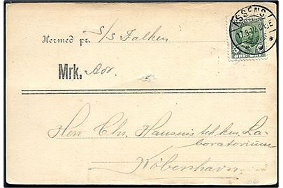 5 øre Fr. VIII på adressekort for fragtgods sendt pr. S/S Falken fra Assens d. 17.8.1912 til København.
