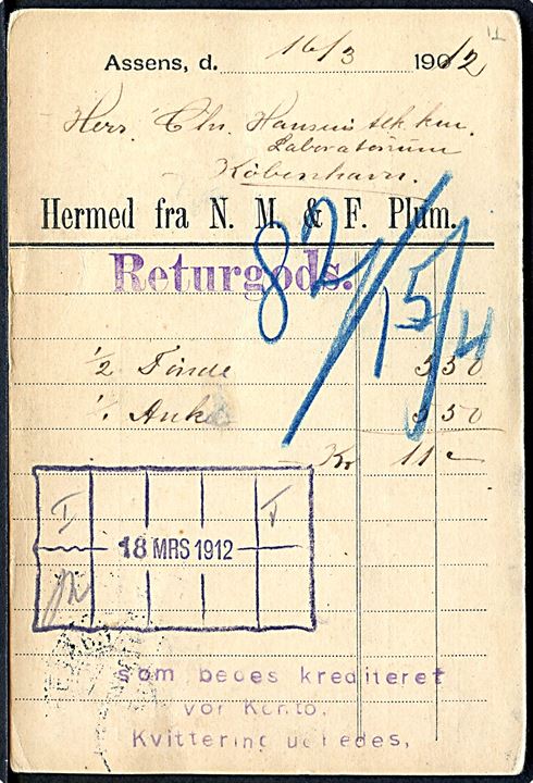 5 øre Fr. VIII på adressekort for fragtgods sendt pr. S/S Falken fra Assens d. 17.8.1912 til København.