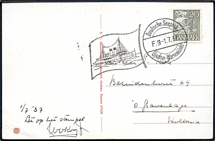 20 øre Karavel på brevkort (Dampfærgen Danmark i Gedser) annulleret med tysk skibsstempel Deutsche Seepost F.g d. 1.7.1937 til Holland.