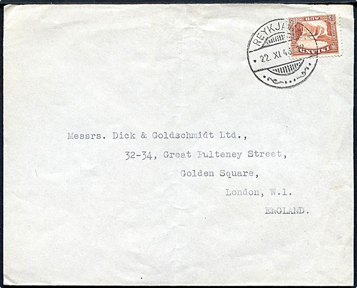 65 aur Gullfoss single på brev fra Reykjavik d. 22.11.1946 til London, England.