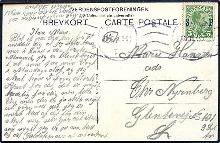 5 øre Soldaterfrimærke på lokalt brevkort i Kjøbenhavn d. 20.11.1918. Interessant meddelelse: ... jeg kan ikke komme i Land i den første Maaned. Jeg er blevet taget i at sove paa Vagt i Mandags Nat, og jeg skal have 5 Dages Mørk Arrest for det ......