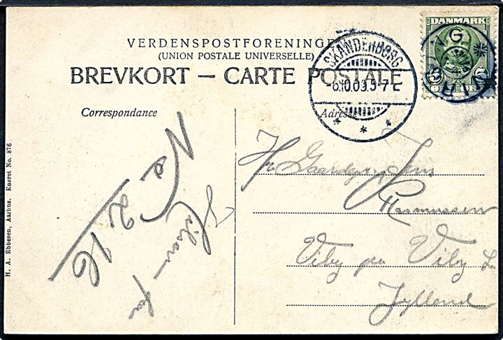 5 øre Fr. VIII på brevkort (Gadeparti fra Soelberg) annulleret med stjernestempel VIRRING og sidestemplet Skanderborg d. 6.10.1909 til Viby J.