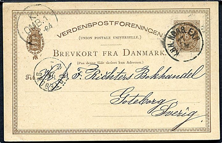 6 øre helsagsbrevkort med fortrykt meddelelse på SVENSK fra firma Carl Aller annulleret med lapidar KBH. NØRB. EXP. d. 27.4.1884 til Göteborg, Sverige.