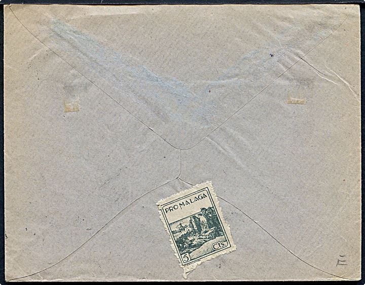 40 cts. på brev fra Malaga 1938 til Buenos Aires, Argentina. Lokal censur fra Malaga. På bagsiden 5 cts. Pro Malaga velgørenheds mærke.