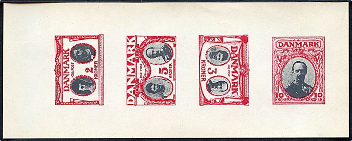 Essays til 2 kr., 3 kr. 5 kr. og 10 kr. Frimærker med kongefamilien. Ca. 1910. 