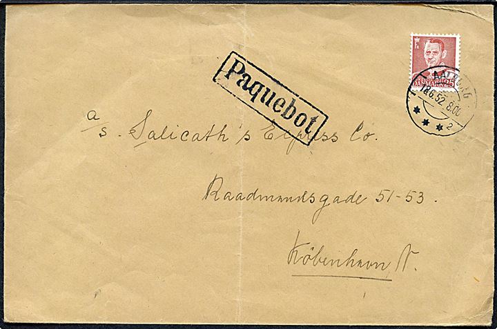 25 øre Fr. IX på skibsbrev fra Anholt Toldkammer annulleret Aalborg d. 18.6.1952 og sidestemplet Paquebot til København. Lodret fold.