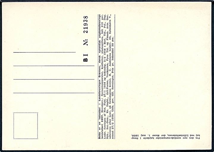 Johs. Koch: 3 postkort. Fra den nye Nordiske - Europæiske højskole i Snoghøj ved Lillebæltsbroen, der åbner 1 Maj 1958. No. 21938. 