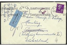 35 øre Løve på luftpostbrev fra Oslo d. 17.3.1943 til militæradresse i Hamburg, Tyskland - Feldzeugkommando X. Censureret i Berlin.