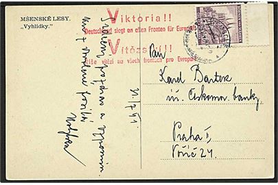 Böhmen-Mähren. 60 h. på brevkort fra Wensche d. 31.7.1941 til Prag. Rødt 2-sproget propaganda stempel: Viktoria !! Seutschland siegt an allen Fronten für Europa!. 