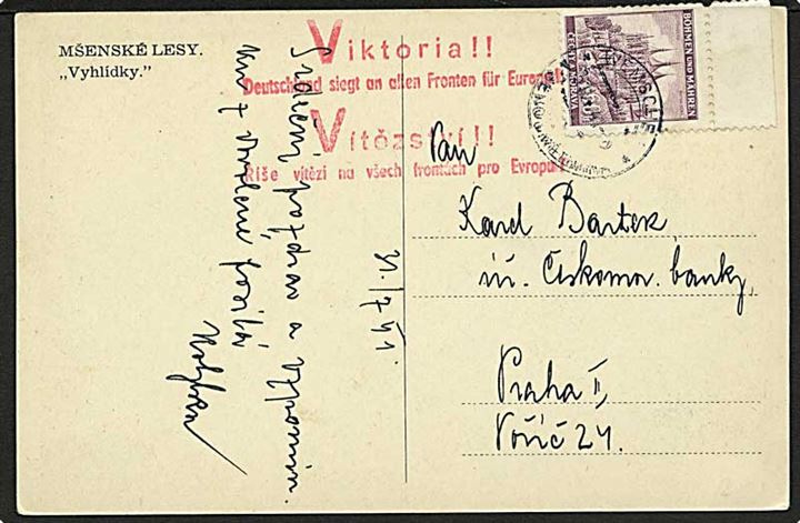 Böhmen-Mähren. 60 h. på brevkort fra Wensche d. 31.7.1941 til Prag. Rødt 2-sproget propaganda stempel: Viktoria !! Seutschland siegt an allen Fronten für Europa!. 