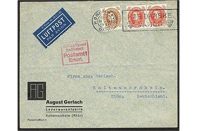 10 øre og 15 øre (par) Chr. X 60 år på luftpostbrev fra København d. 11.9.1931 til Kaltennordheim, Tyskland. Luftpoststempel: Mit Luftpost befördert Postamt Erfurt 1.