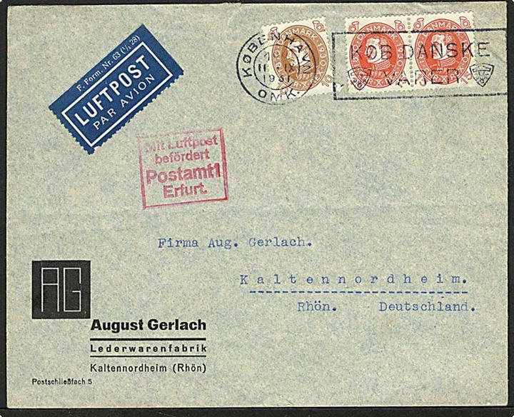 10 øre og 15 øre (par) Chr. X 60 år på luftpostbrev fra København d. 11.9.1931 til Kaltennordheim, Tyskland. Luftpoststempel: Mit Luftpost befördert Postamt Erfurt 1.
