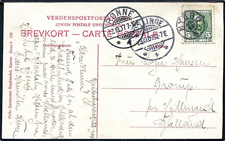5 øre Fr. VIII på brevkort annulleret med stjernestempel NYBRO og sidestemplet Rønne d. 22.10.1907 til Hyllinge.
