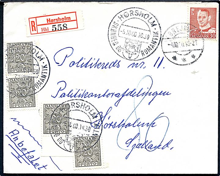 30 øre Fr. IX på brev mærket Anbefalet fra Brejninge d. 4.10.1960 til Hørsholm. Påsat Rek.-etiket ved ankomsten og udtakseret i 80 øre porto med 20 øre Portomærke (4) stemplet Hørsholm d. 5.10.1960.