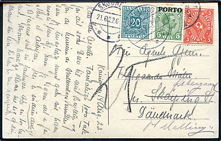 Tysk 3 mk. infla udg. på underfrankeret brevkort fra 14.8.1922 til Skørping, Danmark - eftersendt til Malling og udtakseret i porto med 5 øre Chr. X Porto-provisorium og 20 øre Portomærke stemplet Malling d. 22.8.1922.
