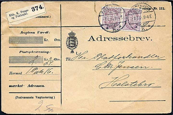 15 øre Våben i parstykke på adressebrev for pakke med opkrævning fra Kjøbenhavn d. 7.1.1904 til Holstebro. Fold.