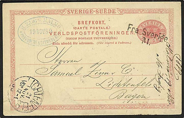 Svensk 10 öre helsagsbrevkort fra Malmö d. 19.11.1889 annulleret med dansk skibsstempel Fra Sverige M. til Lichtenfels, Bayern.