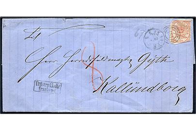 4 sk. Krone/Scepter (kraftig defekt) på brev fra Kjøbenhavn annulleret med kombineret nr.stempel 181/Sjæll. P.B. d. 2.7.1867 til Kalundborg. Rammestempel Utilstrækkelig frankeret og påskrevet 8 sk. porto.